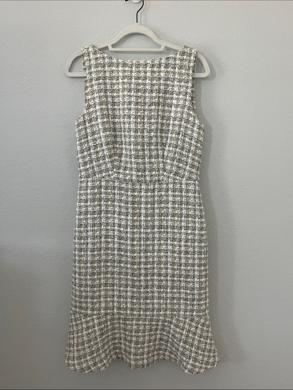 Ann Taylor Cream and Gray Tweed Midi Dress